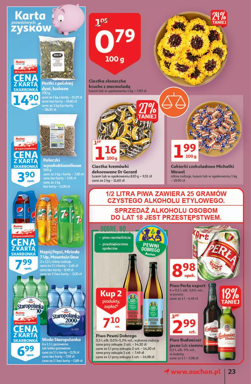 Gazetka promocyjna Auchan - Hiperoszczędzanie z markami Auchan Hipermarkety - ważna 30.09 do 06.10.2021 - strona 23 - produkty: Ciastka, Cukier, Cukierki, Cukierki czekoladowe, Dr Gerard, Michałki, Mola, Perła, Piwo, Por, Ser, Wawel