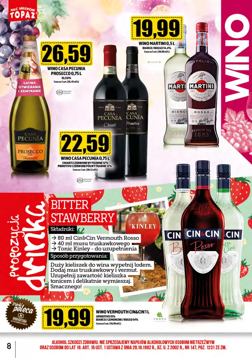 Gazetka promocyjna Topaz - Gazetka - ważna 01.02 do 29.02.2024 - strona 8 - produkty: Chia, Chianti, Kieliszek, Martini, Mus, Prosecco, Vermouth, Wino