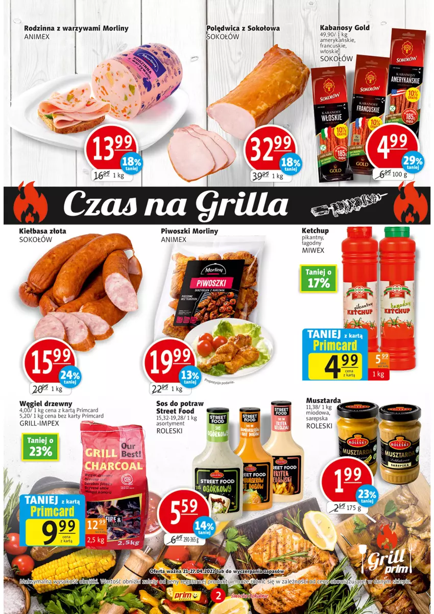 Gazetka promocyjna Prim Market - ważna 21.04 do 27.04.2022 - strona 2 - produkty: Fa, Grill, Kabanos, Ketchup, Kiełbasa, Koc, Morliny, Piwo, Polędwica, Sok, Sokołów, Sos, Warzywa