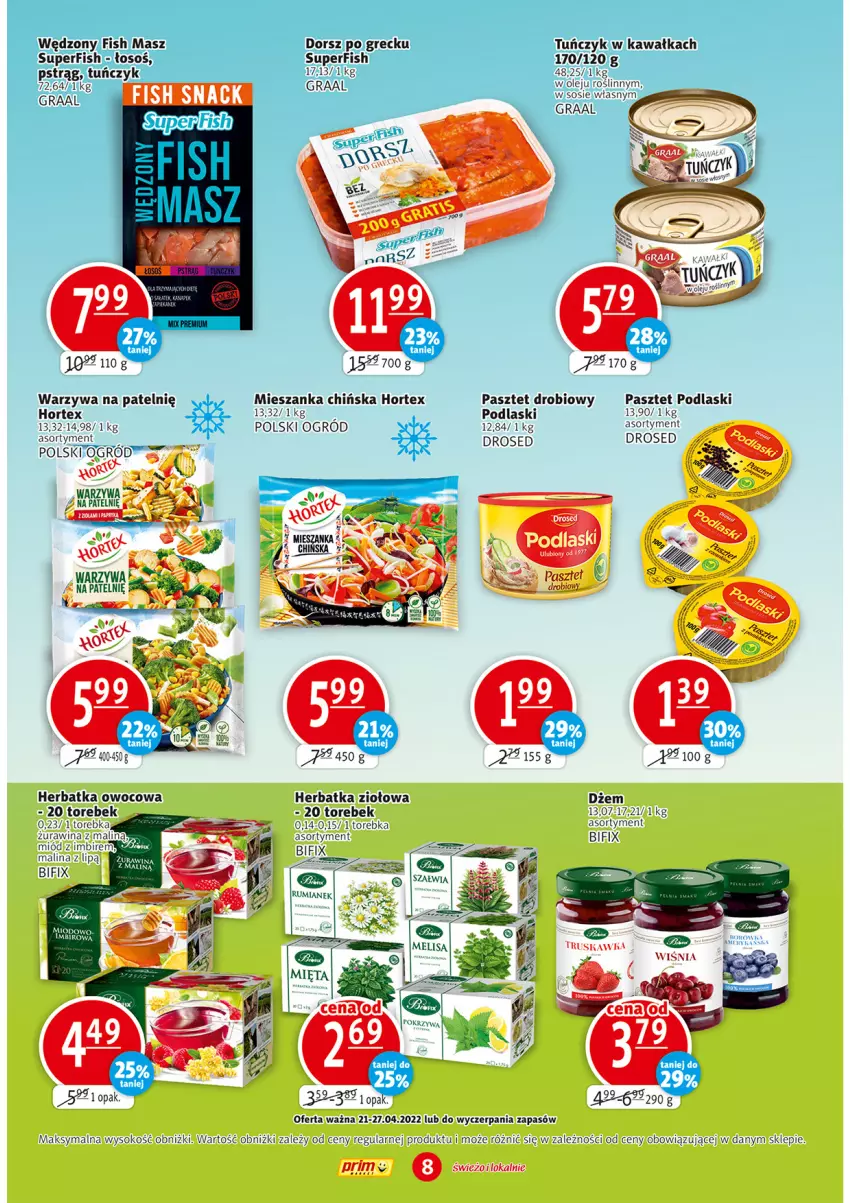 Gazetka promocyjna Prim Market - ważna 21.04 do 27.04.2022 - strona 8 - produkty: Dorsz, Dżem, Gra, Graal, Hortex, Kawa, Ogród, Pasztet, Podlaski, Pstrąg, Sok, STP, Torebka, Tuńczyk, Warzywa