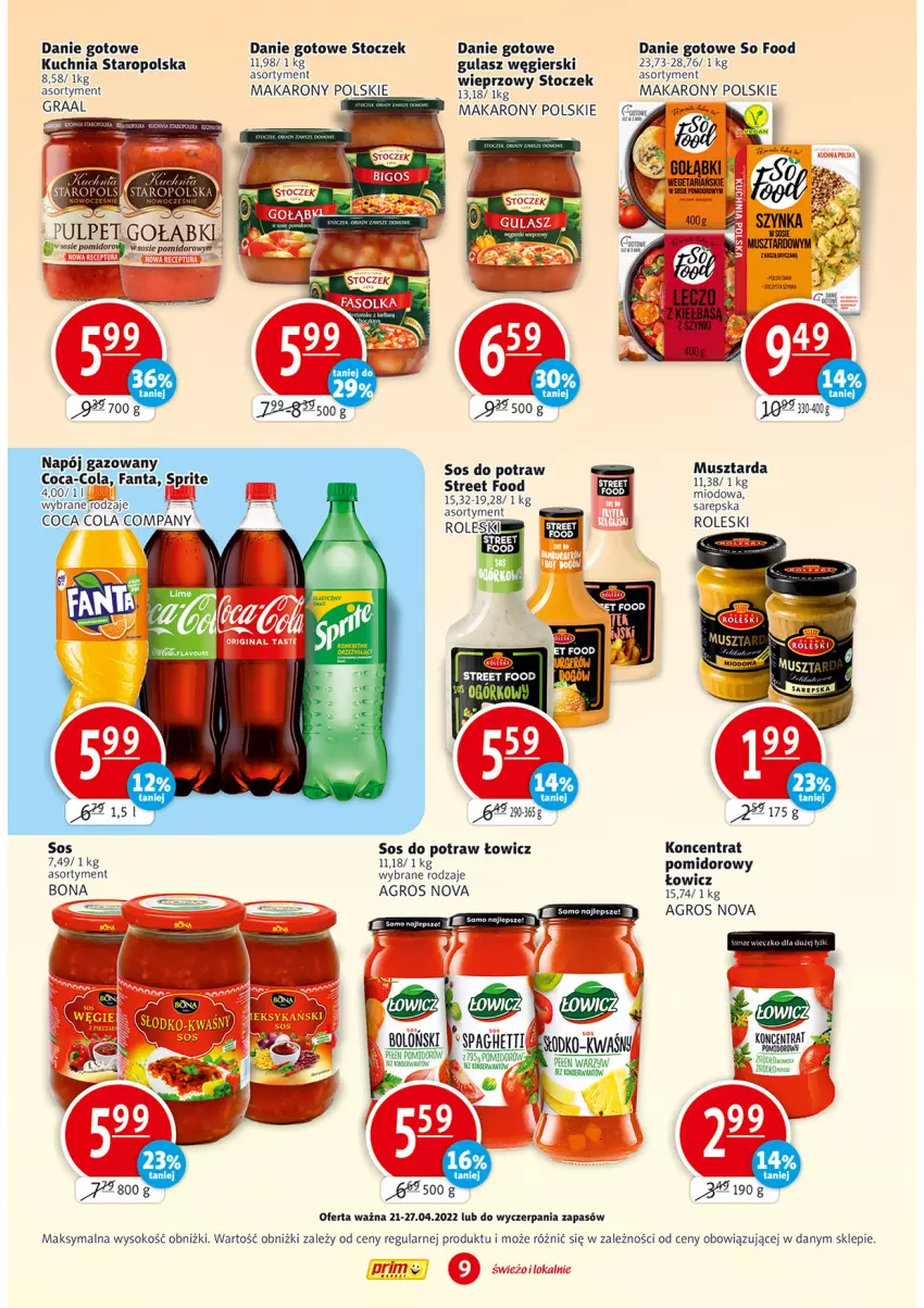 Gazetka promocyjna Prim Market - ważna 21.04 do 27.04.2022 - strona 9 - produkty: Danie gotowe, Kuchnia, Kuchnia Staropolska, Makaron, Mus, Musztarda, Ser, So Food, Sok, Sos, Spaghetti