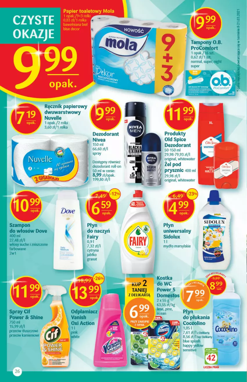 Gazetka promocyjna Delikatesy Centrum - Gazetka Delikatesy Centrum - ważna 13.05 do 19.05.2021 - strona 26 - produkty: Cif, Dezodorant, Domestos, Dove, Fa, Fairy, Gin, Mars, Mola, Mus, Mydło, Nivea, O.B., Odplamiacz, Old Spice, Papier, Papier toaletowy, Płyn do płukania, Ręcznik, Rolki, Sidolux, Szampon, Tampony, Vanish