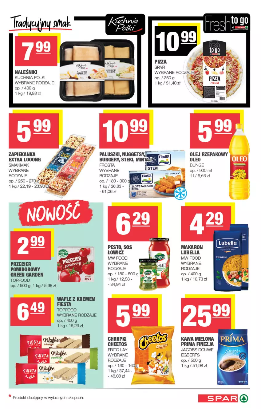Gazetka promocyjna Spar - Spar - ważna 18.05 do 28.05.2025 - strona 5 - produkty: Bell, Bella, Burger, Cheetos, Chrupki, Frosta, Jacobs, Kawa, Kawa mielona, Kuchnia, Lubella, Makaron, Mintaj, Naleśniki, Olej, Olej rzepakowy, Oleo, Pesto, Pizza, Prima, Sos, Stek, Top, Wafle, Zapiekanka