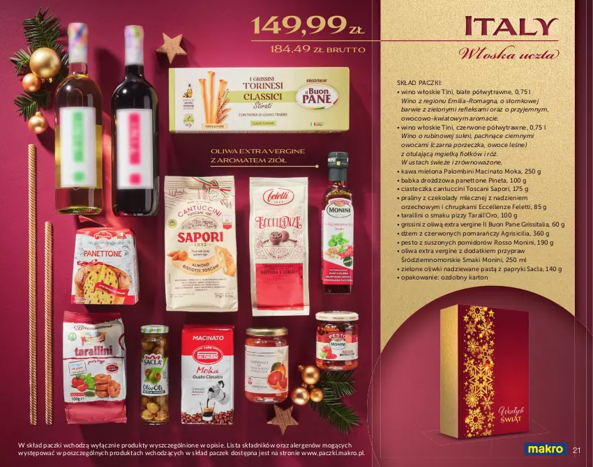 Gazetka promocyjna Makro - Świat prezentów - gotowe kosze i zestawy świąteczne - ważna 16.10 do 23.12.2022 - strona 21 - produkty: Babka, Dżem, Gin, Grissini, Kawa, Kawa mielona, Monini, Oliwki, Owoce, Pesto, Por, Praliny, Rubin, Wino