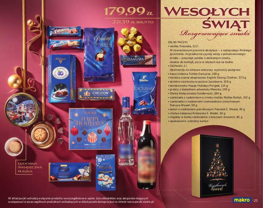 Gazetka promocyjna Makro - Świat prezentów - gotowe kosze i zestawy świąteczne - ważna 16.10 do 23.12.2022 - strona 25 - produkty: Baton, Chałwa, Czekolada, E. Wedel, Finlandia, Herbata, Herbata czarna, Jacobs, Kakao, Kawa, Kawa mielona, Kokos, Malibu, Migdały, Piernik, Praliny, Tchibo, Wawel, Wódka