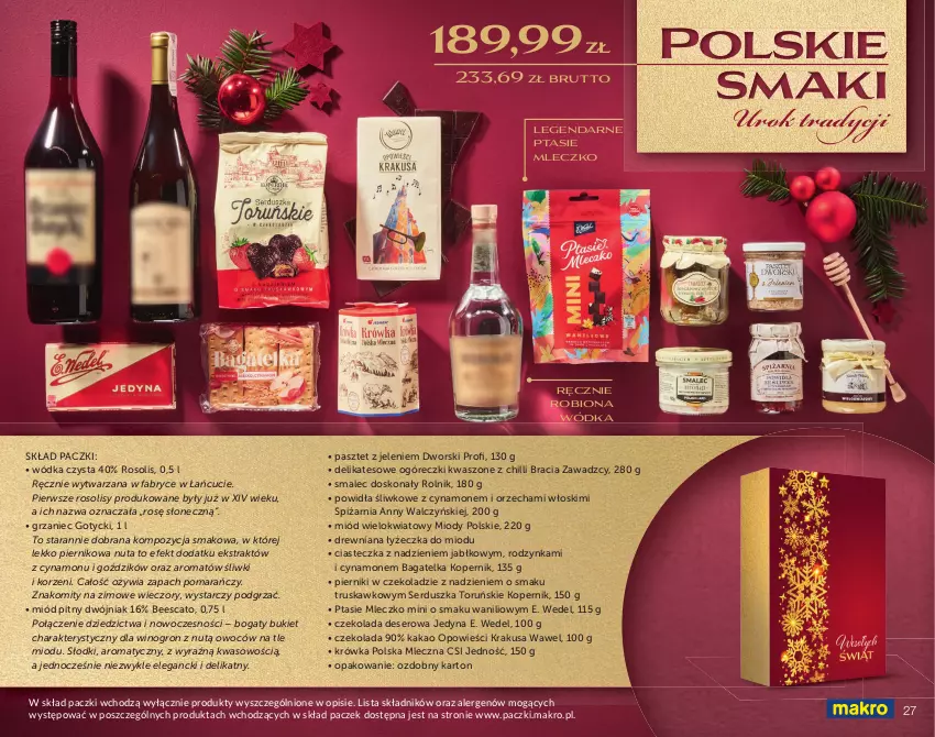 Gazetka promocyjna Makro - Świat prezentów - gotowe kosze i zestawy świąteczne - ważna 16.10 do 23.12.2022 - strona 27 - produkty: Bukiet, Czekolada, Deser, E. Wedel, Fa, Kakao, Krakus, Miód, Miód pitny, Mleczko, Pasztet, Piernik, Pierniki w czekoladzie, Ptasie mleczko, Rolnik, Ser, Smalec, Wawel, Wino, Wódka