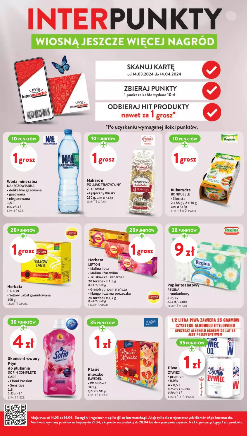 Gazetka promocyjna Intermarche - Gazetka Intermarche - ważna 11.04 do 17.04.2024 - strona 10 - produkty: Bonduelle, Flora, Gin, Gra, Grejpfrut, Herbata, Kukurydza, Lipton, Makaron, Mango, Mleczko, Nałęczowianka, Olma, Papier, Papier toaletowy, Piwo, Płyn do płukania, Por, Ptasie mleczko, Rum, Woda, Woda mineralna