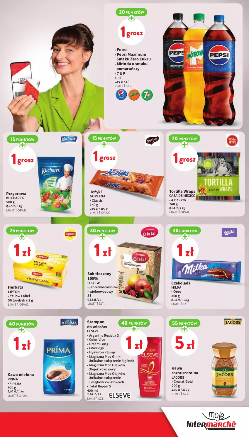 Gazetka promocyjna Intermarche - Gazetka Intermarche - ważna 11.04 do 17.04.2024 - strona 11 - produkty: Czekolada, Elseve, Goplana, Herbata, Jacobs, Jeżyki, Kawa, Kawa mielona, Kawa rozpuszczalna, Kokos, Kucharek, LANA, Lipton, Milka, Mirinda, Olej, Oreo, Pepsi, Pepsi max, Prima, Sok, Szampon, Tortilla