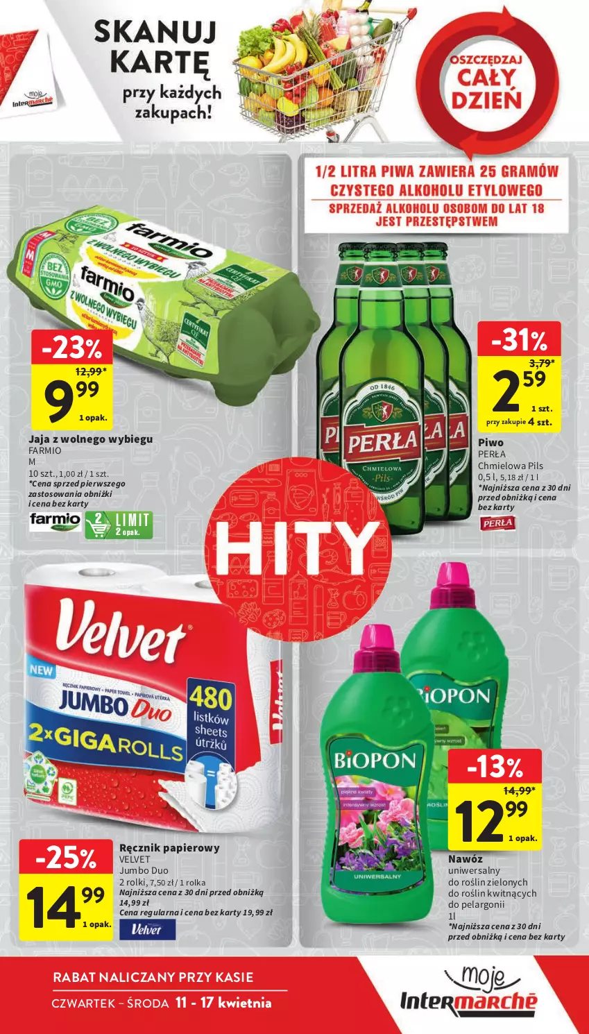 Gazetka promocyjna Intermarche - Gazetka Intermarche - ważna 11.04 do 17.04.2024 - strona 13 - produkty: Fa, Jaja, Jaja z wolnego wybiegu, Nawóz, Papier, Perła, Piwo, Ręcznik, Rolki, Velvet