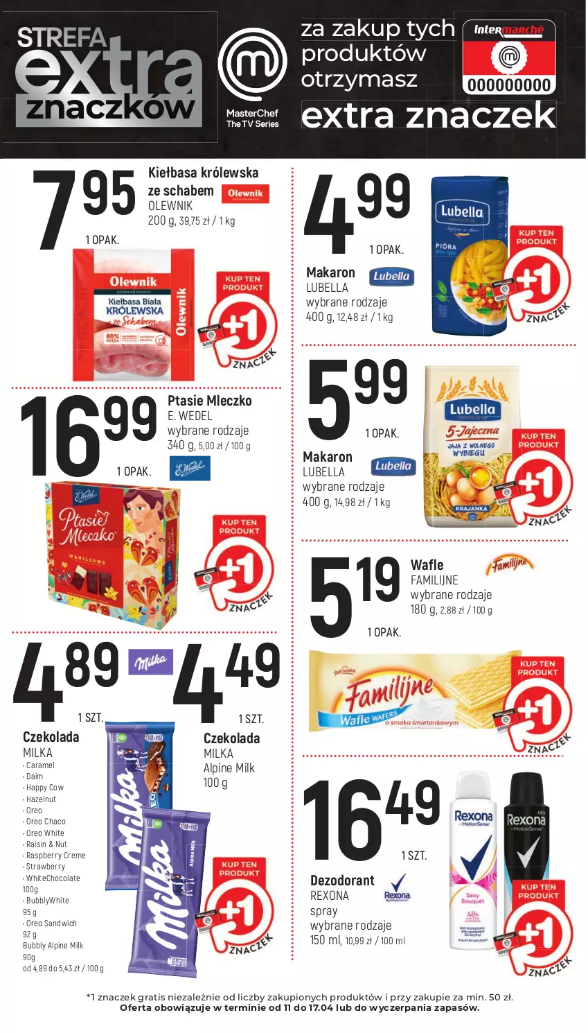 Gazetka promocyjna Intermarche - Gazetka Intermarche - ważna 11.04 do 17.04.2024 - strona 14 - produkty: Bell, Bella, Czekolada, Dezodorant, E. Wedel, Fa, Gra, Kiełbasa, Lubella, Makaron, Milka, Mleczko, Olewnik, Oreo, Ptasie mleczko, Rexona, Wafle