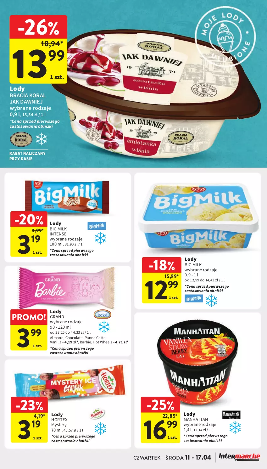 Gazetka promocyjna Intermarche - Gazetka Intermarche - ważna 11.04 do 17.04.2024 - strona 27 - produkty: Barbie, Big Milk, Gra, Hortex, Hot Wheels, Lody, Panna cotta