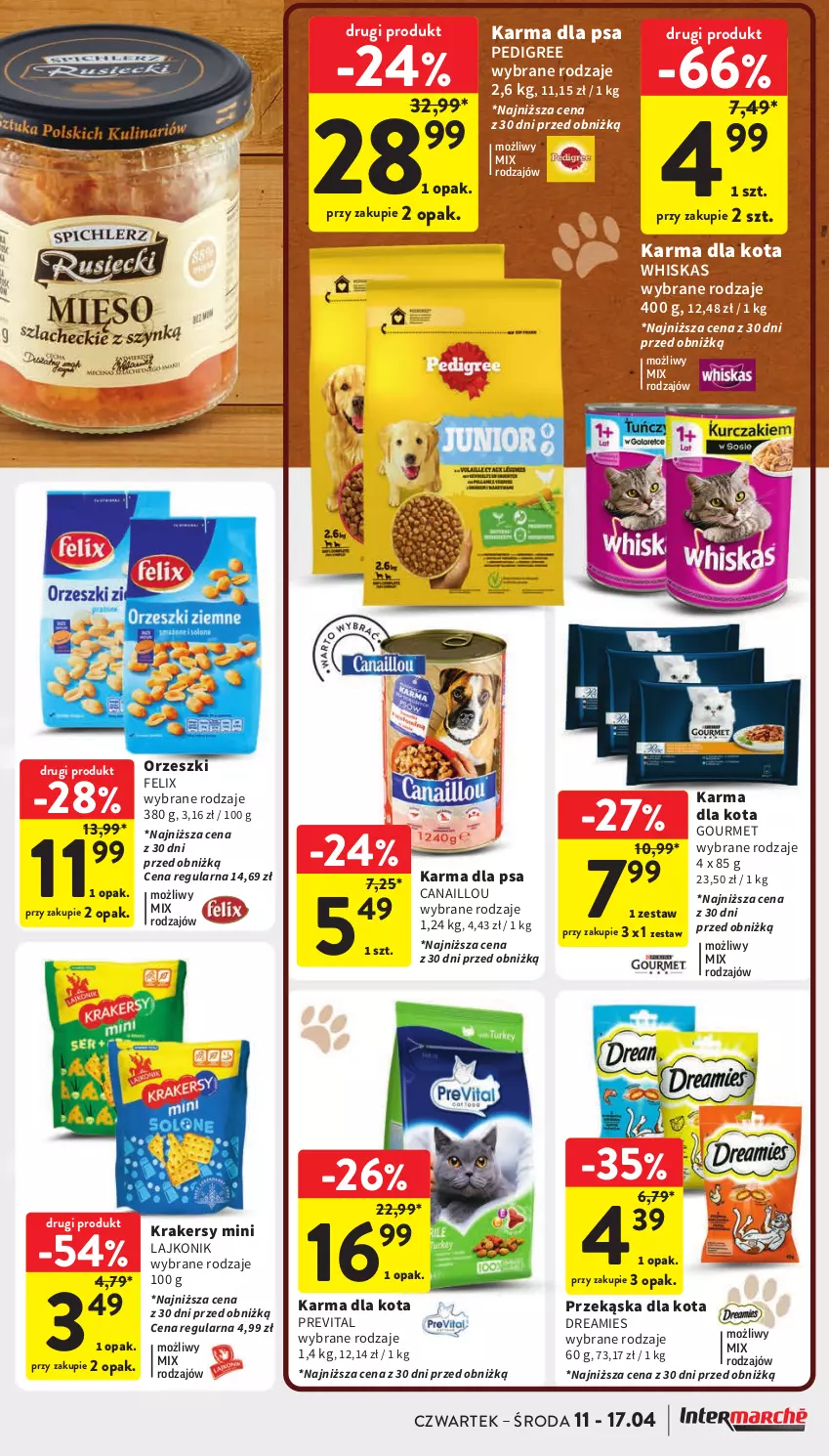 Gazetka promocyjna Intermarche - Gazetka Intermarche - ważna 11.04 do 17.04.2024 - strona 33 - produkty: Canaillou, Felix, Krakersy, Lajkonik, Orzeszki, Pedigree, Whiskas