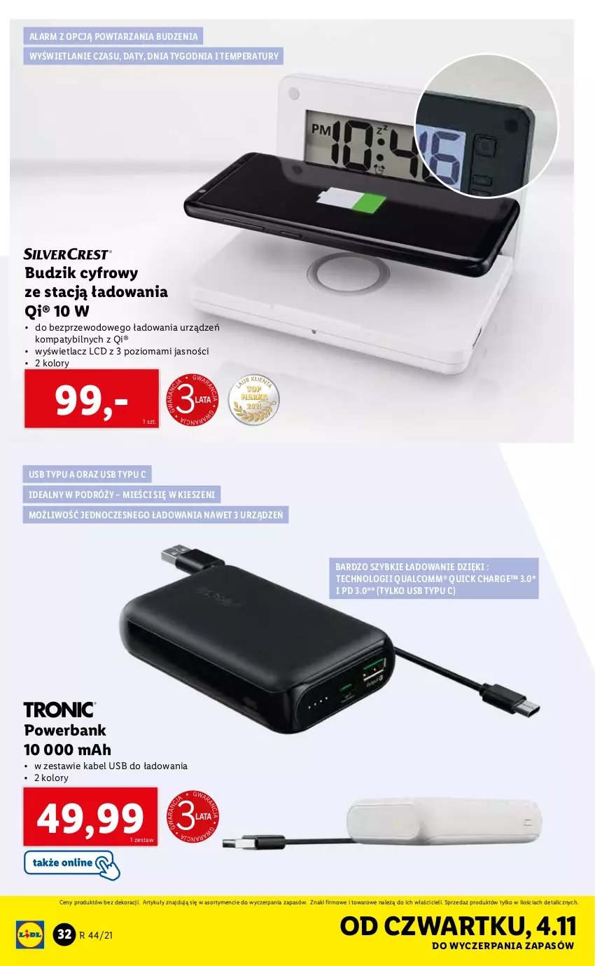 Gazetka promocyjna Lidl - GAZETKA - ważna 02.11 do 07.11.2021 - strona 32 - produkty: Budzik, Kabel USB, Powerbank