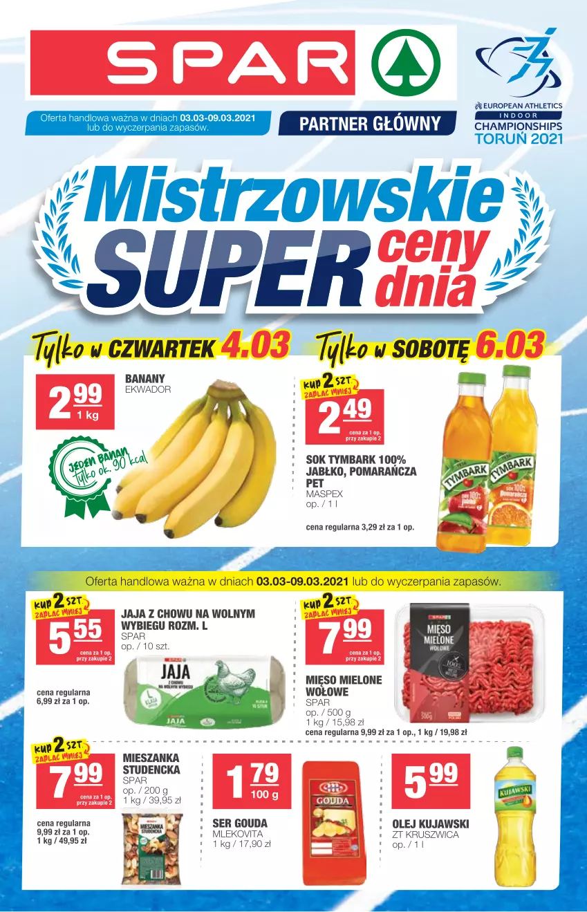 Gazetka promocyjna Spar - Express - ważna 03.03 do 09.03.2021 - strona 1 - produkty: Banany, Gouda, HP, Jaja, Kujawski, Mięso, Mięso mielone, Mleko, Mlekovita, Olej, Ser, Sok, Tymbark