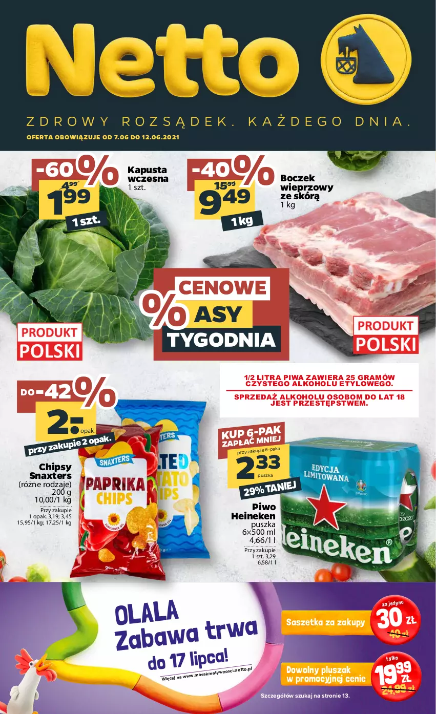 Gazetka promocyjna Netto - Gazetka spożywcza - ważna 07.06 do 12.06.2021 - strona 1 - produkty: Boczek, Boczek wieprzowy, Chipsy, Gra, Heineken, Piwa, Piwo, Pluszak