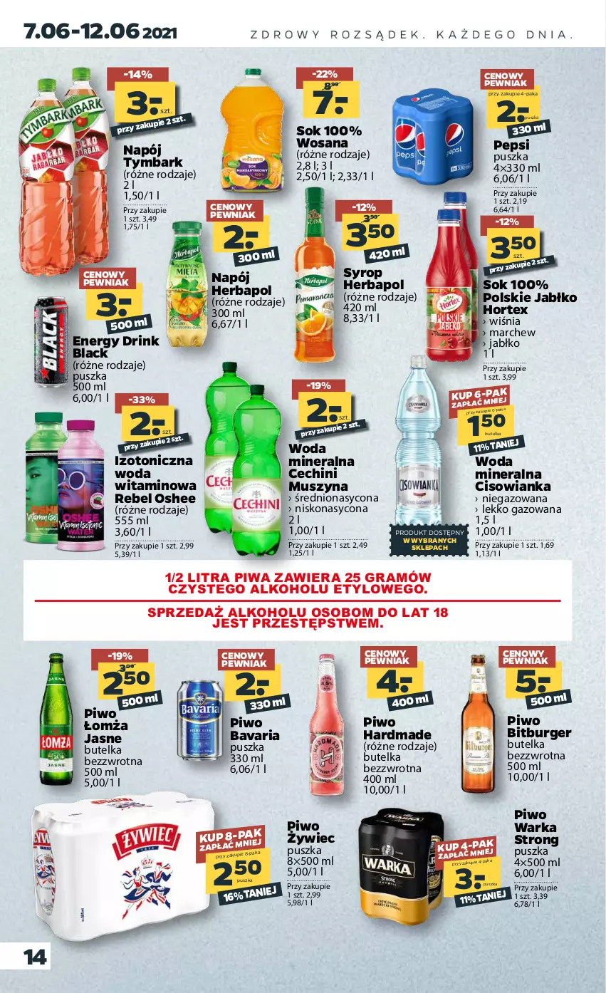 Gazetka promocyjna Netto - Gazetka spożywcza - ważna 07.06 do 12.06.2021 - strona 14 - produkty: Burger, Cisowianka, Gra, Herbapol, Hortex, Lack, Mus, Napój, Oshee, Pepsi, Piwa, Piwo, Sok, Syrop, Szyna, Tymbark, Warka, Woda, Woda mineralna, Wosana