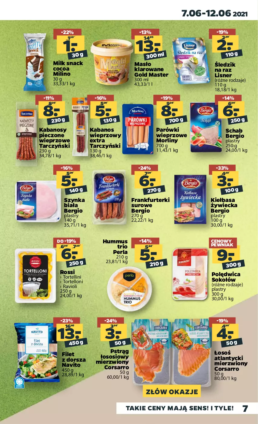 Gazetka promocyjna Netto - Gazetka spożywcza - ważna 07.06 do 12.06.2021 - strona 7 - produkty: Dorsz, Frankfurterki, Hummus, Kabanos, Kiełbasa, Lisner, Masło, Masło klarowane, Morliny, Mus, Parówki, Piec, Polędwica, Pstrąg, Pstrąg łososiowy, Sok, Sokołów, Sos, Szynka, Szynka biała, Tarczyński, Tortelloni