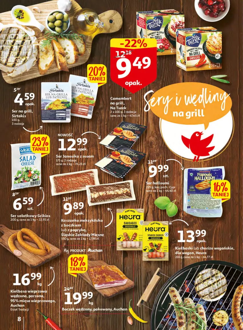 Gazetka promocyjna Auchan - Udane grillowanie jest w cenie Hipermarkety - ważna 19.05 do 28.05.2022 - strona 8 - produkty: Boczek, Fa, Grill, Kasza, Kaszanka, Kiełbasa, Piec, Sałat, Ser, Sos