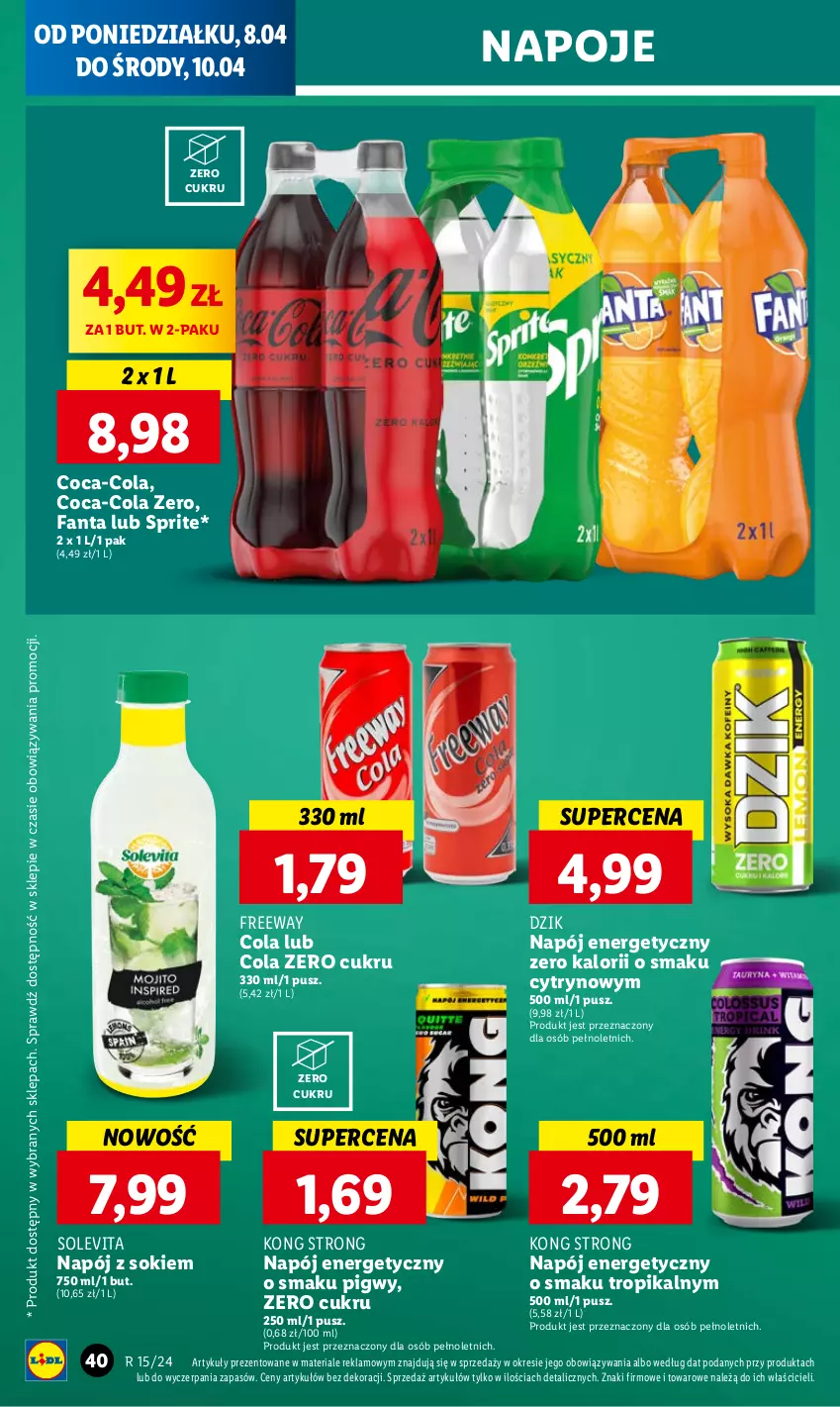 Gazetka promocyjna Lidl - GAZETKA - ważna 08.04 do 10.04.2024 - strona 40 - produkty: Coca-Cola, Fa, Fanta, Napój, Napój energetyczny, Napoje, Sok, Sprite