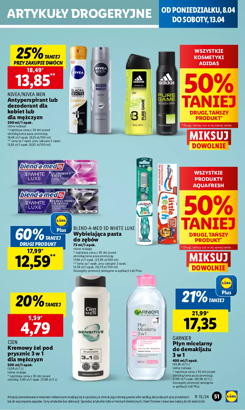 Gazetka promocyjna Lidl - GAZETKA - ważna 08.04 do 10.04.2024 - strona 53 - produkty: Adidas, Antyperspirant, Aquafresh, Dezodorant, Garnier, Makijaż, Nivea, Nivea Men, Pasta do zębów, Płyn micelarny