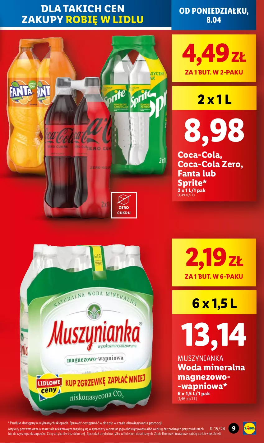 Gazetka promocyjna Lidl - GAZETKA - ważna 08.04 do 10.04.2024 - strona 9 - produkty: Coca-Cola, Fa, Fanta, Magnez, Mus, Muszynianka, Sprite, Woda, Woda mineralna