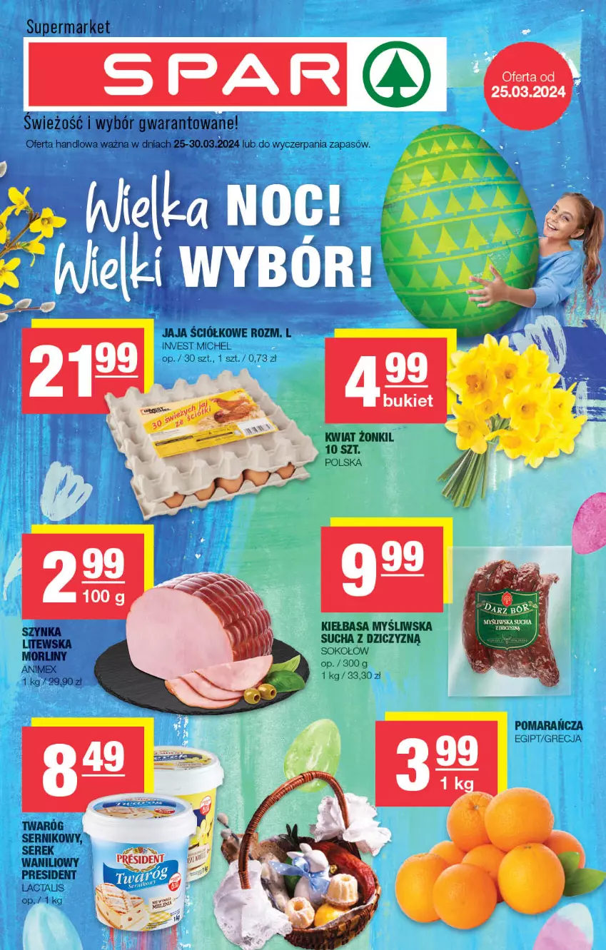 Gazetka promocyjna Spar - Spar - ważna 24.03 do 03.04.2024 - strona 1 - produkty: Jaja, Kiełbasa, Morliny, Ser, Serek, Sok, Sokołów