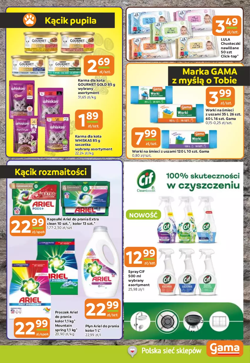 Gazetka promocyjna Gama - Gazetka Gama - ważna 08.08 do 20.08.2024 - strona 9 - produkty: Ariel, Chusteczki, Cif, Gourmet Gold, Top, Whiskas, Worki na śmiec, Worki na śmieci