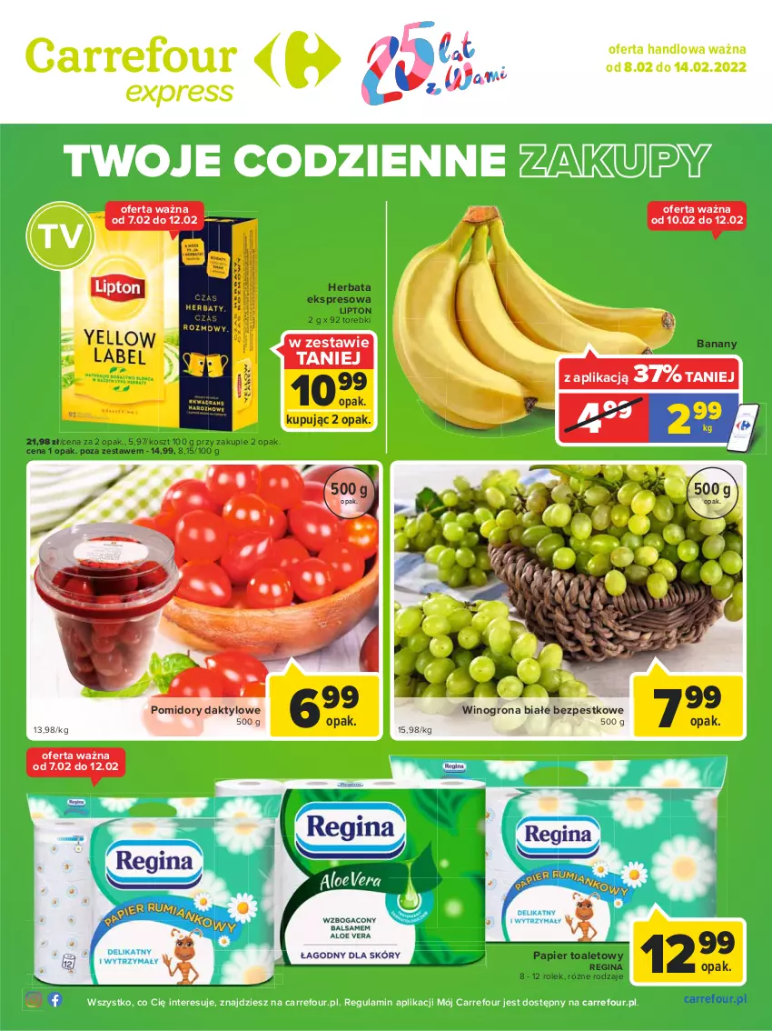 Gazetka promocyjna Carrefour - Gazetka Express - ważna 08.02 do 14.02.2022 - strona 1 - produkty: Banany, Gin, Herbata, Kosz, Lipton, Papier, Papier toaletowy, Pomidory, Wino, Winogrona