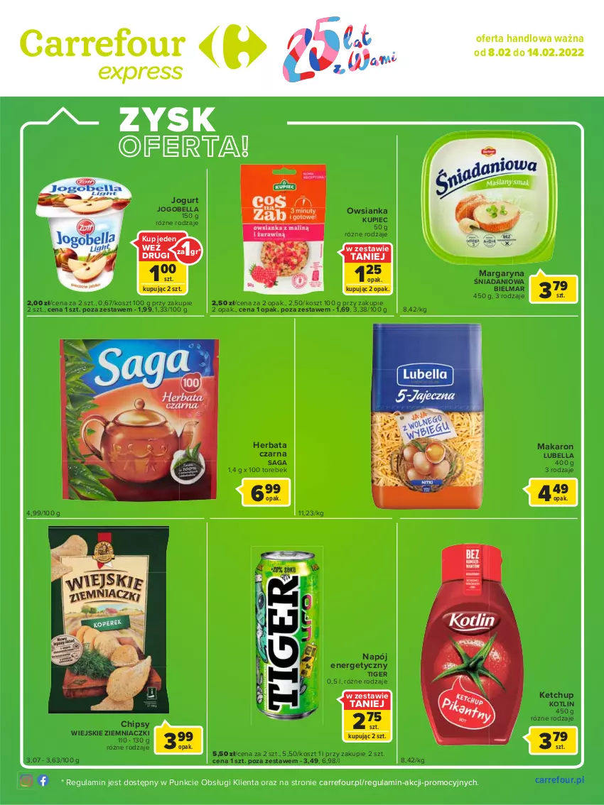 Gazetka promocyjna Carrefour - Gazetka Express - ważna 08.02 do 14.02.2022 - strona 2 - produkty: Bell, Bella, Chipsy, Danio, Herbata, Herbata czarna, Jogobella, Jogurt, Ketchup, Kosz, Kotlin, Kupiec, Lubella, Makaron, Margaryna, Napój, Napój energetyczny, Owsianka, Piec, Saga, Tiger