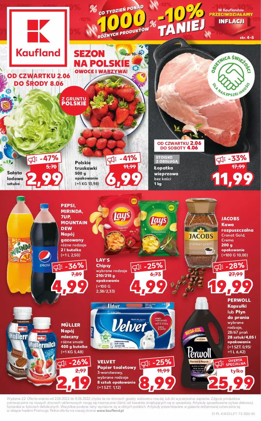 Gazetka promocyjna Kaufland - OFERTA TYGODNIA - ważna 02.06 do 08.06.2022 - strona 1 - produkty: 7up, Chipsy, Jacobs, Kawa, Kawa rozpuszczalna, Mirinda, Müller, Napój, Napój gazowany, Napój mleczny, Owoce, Papier, Papier toaletowy, Pepsi, Perwoll, Płyn do prania, Sałat, Sałata lodowa, Truskawki, Velvet, Warzywa