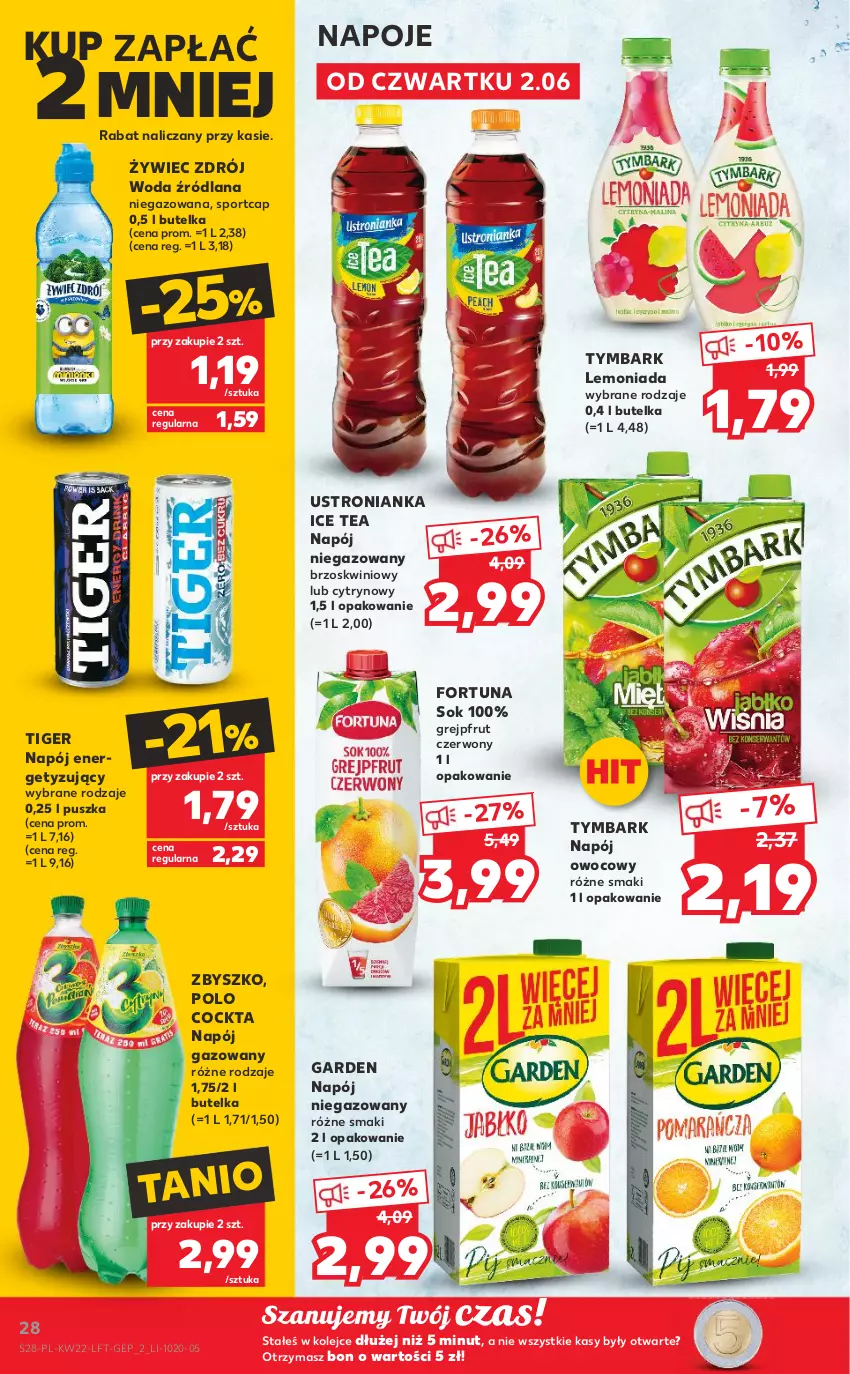 Gazetka promocyjna Kaufland - OFERTA TYGODNIA - ważna 02.06 do 08.06.2022 - strona 28 - produkty: Fortuna, Grejpfrut, Ice tea, LANA, Lemoniada, Napój, Napój gazowany, Napój niegazowany, Napoje, Olej, Por, Sok, Sport, Tiger, Tymbark, Woda