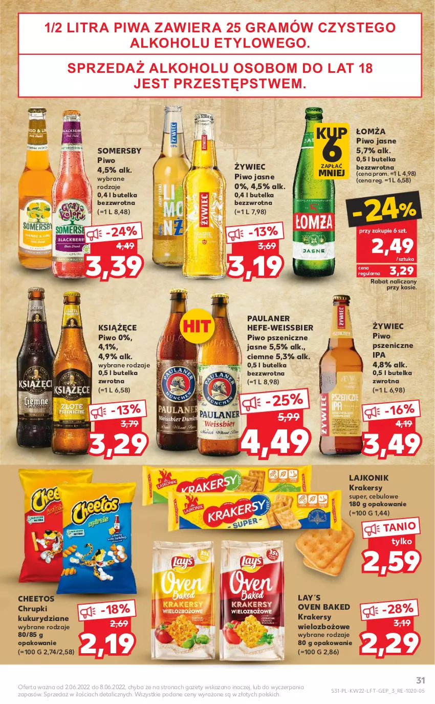 Gazetka promocyjna Kaufland - OFERTA TYGODNIA - ważna 02.06 do 08.06.2022 - strona 31 - produkty: Cheetos, Chrupki, Gra, Krakersy, Książęce, Lajkonik, Piwa, Piwo, Piwo jasne, Somersby