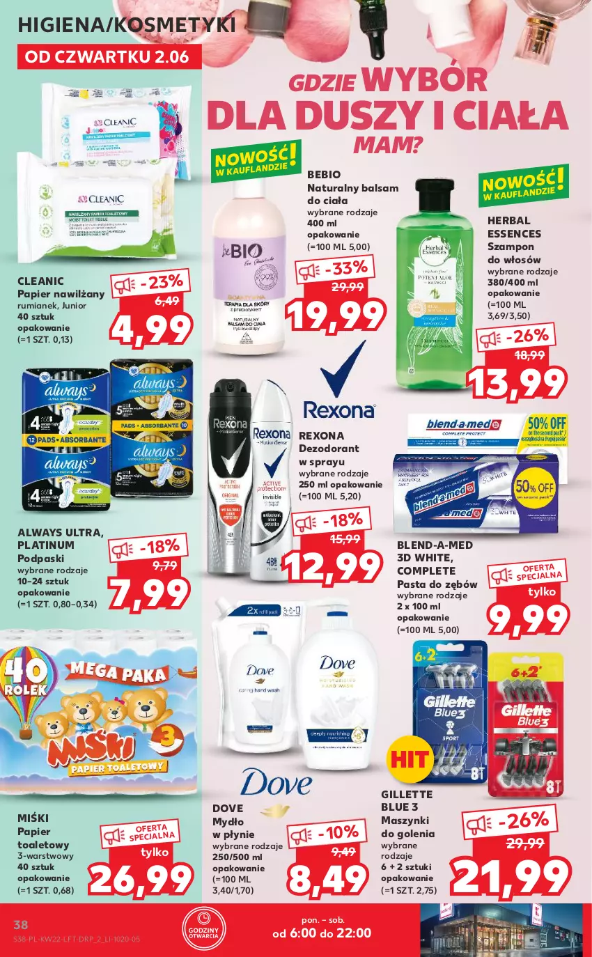 Gazetka promocyjna Kaufland - OFERTA TYGODNIA - ważna 02.06 do 08.06.2022 - strona 38 - produkty: Always, Always Ultra, Balsam do ciała, Blend-a-Med, Cleanic, Dezodorant, Dove, Gillette, Mydło, Mydło w płynie, Papier, Papier toaletowy, Pasta do zębów, Podpaski, Rexona, Rum, Szampon