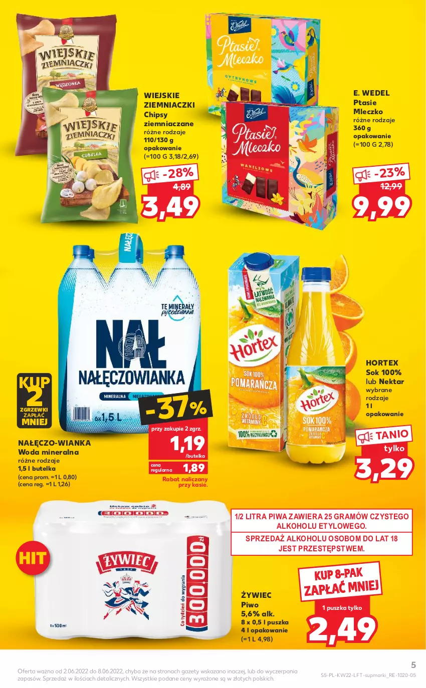 Gazetka promocyjna Kaufland - OFERTA TYGODNIA - ważna 02.06 do 08.06.2022 - strona 5 - produkty: Chipsy, E. Wedel, Gra, Hortex, Mleczko, Nektar, Piwa, Piwo, Ptasie mleczko, Sok, Woda, Woda mineralna