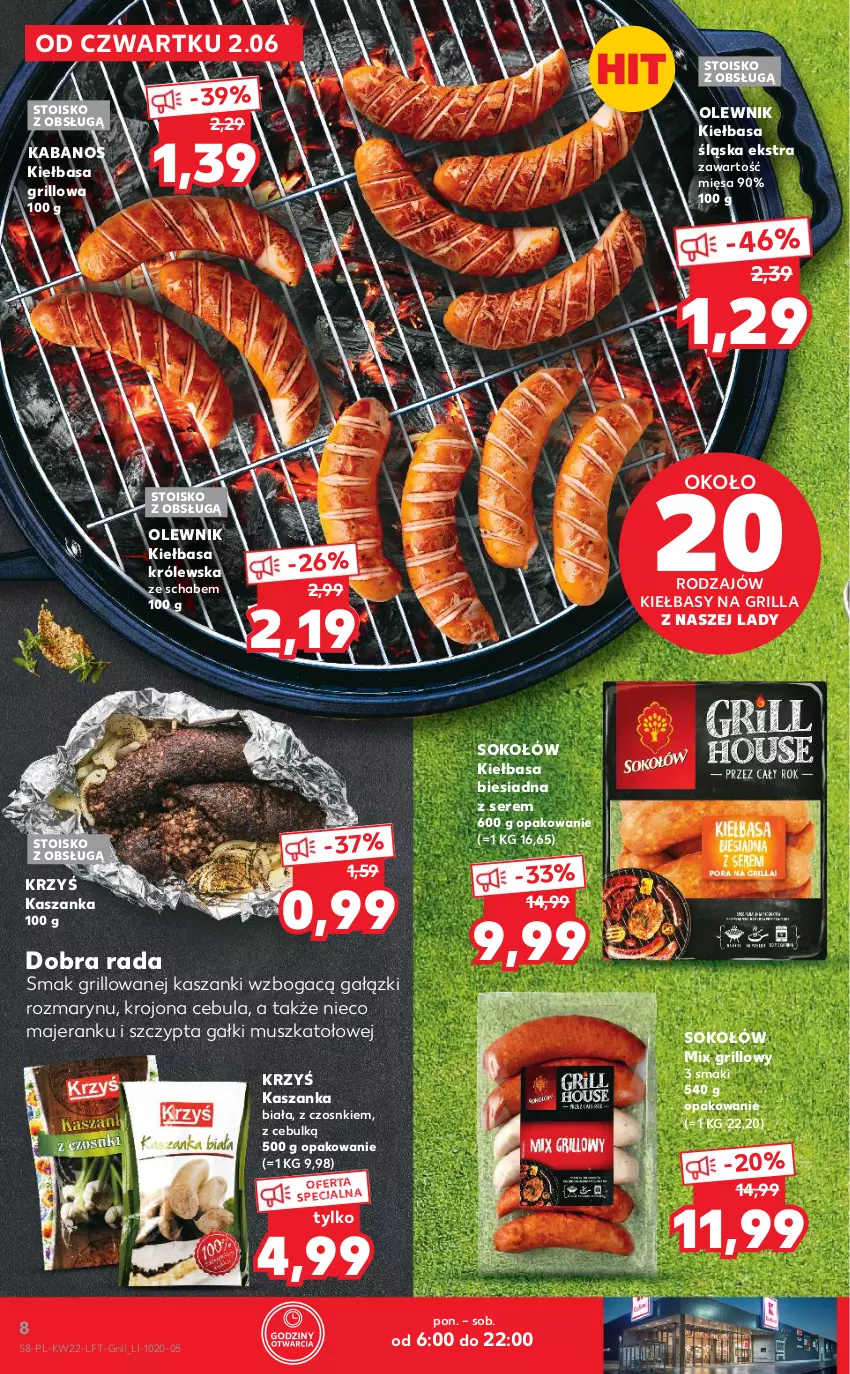 Gazetka promocyjna Kaufland - OFERTA TYGODNIA - ważna 02.06 do 08.06.2022 - strona 8 - produkty: Cebula, Grill, Kabanos, Kasza, Kaszanka, Kiełbasa, Kiełbasa biesiadna, Kiełbasa śląska, Mus, Olewnik, Ser, Sok, Sokołów