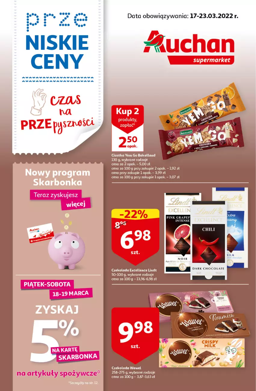 Gazetka promocyjna Auchan - przeNISKIE CENY czas na przepyszności Supermarkety - ważna 17.03 do 23.03.2022 - strona 1 - produkty: Bakalland, Ciastka, Czekolada, Koc, Lindt, Wawel