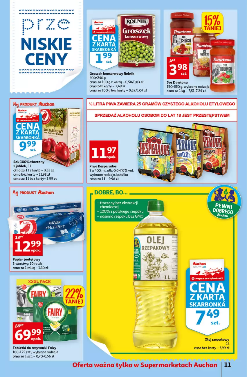 Gazetka promocyjna Auchan - przeNISKIE CENY czas na przepyszności Supermarkety - ważna 17.03 do 23.03.2022 - strona 11 - produkty: Dawtona, Desperados, Fa, Fairy, Gra, Groszek, LG, Olej, Olej rzepakowy, Papier, Papier toaletowy, Piwa, Piwo, Rolnik, Ser, Sok, Sok jabłkowy, Sos, Tablet, Tabletki do zmywarki, Zmywarki