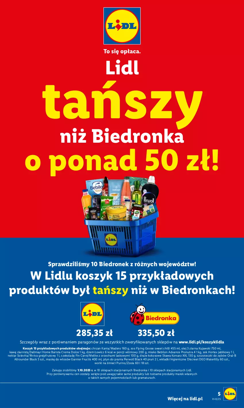 Gazetka promocyjna Lidl - GAZETKA - ważna 20.10 do 25.10.2025 - strona 5 - produkty: BEBILON, Chrzan, Dallmayr, Discreet, Dron, Dżem, Fructis, Garnier, Gra, Grejpfrut, Hortex, Kawa, Kokos, Kosz, Kujawski, Lack, Mleko, Mleko Bebilon, Nektar, Olej, Perwoll, Płyn do prania, Por, Pur, Rama, Sok, Sos, Wkładki, Worki na śmiec, Worki na śmieci