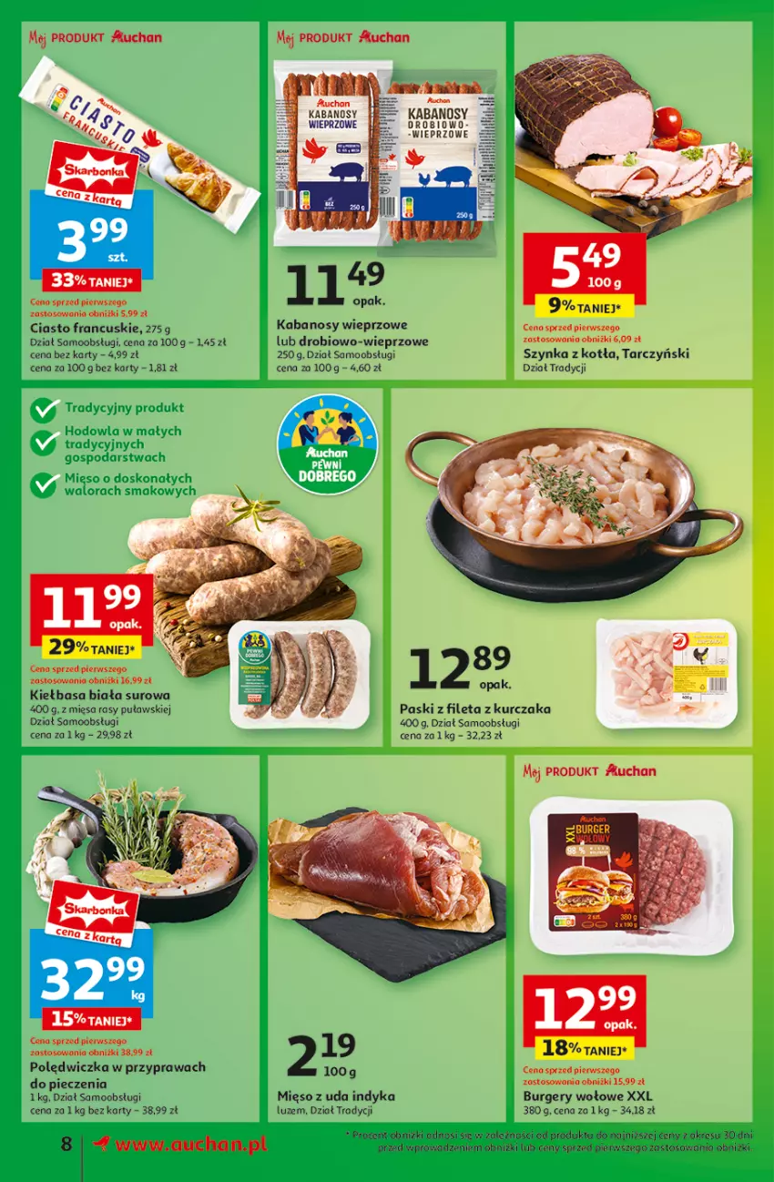 Gazetka promocyjna Auchan - Gazetka Pewność Niskich Cen Hipermarket - ważna 13.03 do 19.03.2025 - strona 10 - produkty: Burger, Ciasto francuskie, Kabanos, Kiełbasa, Kiełbasa biała, Kurczak, Mięso, Piec, Szynka, Tarczyński