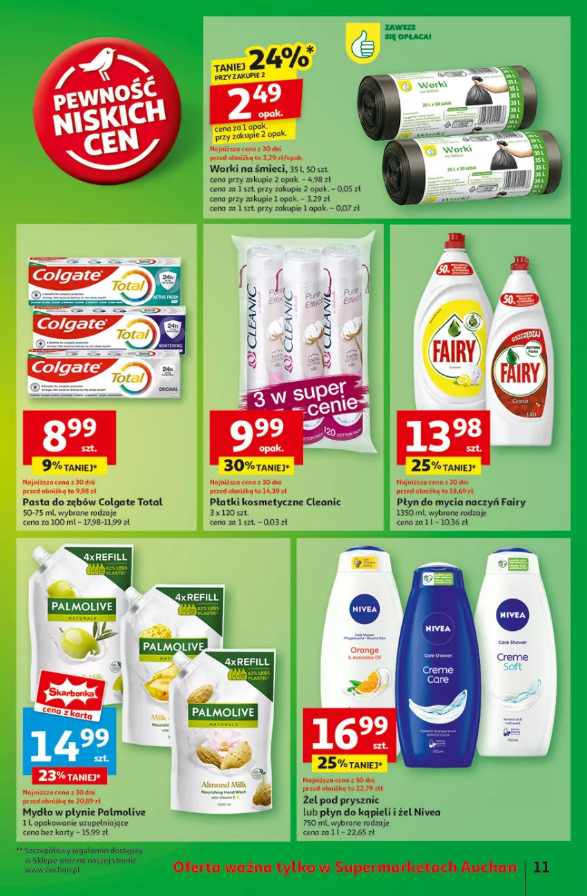 Gazetka promocyjna Auchan - Gazetka Pewność Niskich Cen Hipermarket - ważna 13.03 do 19.03.2025 - strona 13 - produkty: Cleanic, Colgate, Colgate Total, Do mycia naczyń, Fa, Fairy, LG, Mydło, Mydło w płynie, Nivea, Palmolive, Pasta do zębów, Płatki kosmetyczne, Płyn do kąpieli, Płyn do mycia, Płyn do mycia naczyń