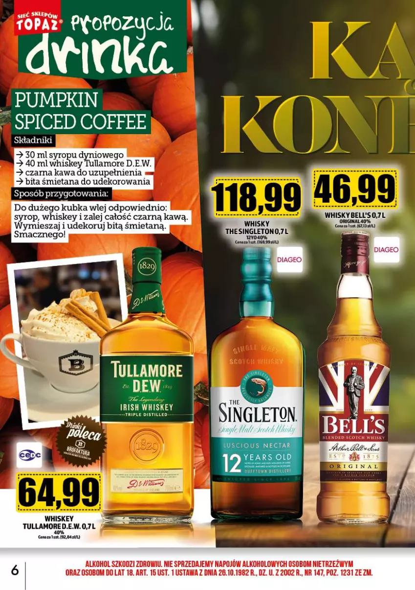 Gazetka promocyjna Topaz - Gazetka - ważna 01.10 do 31.10.2023 - strona 6 - produkty: Bell, Kawa, Syrop, Top, Whiskey, Whisky