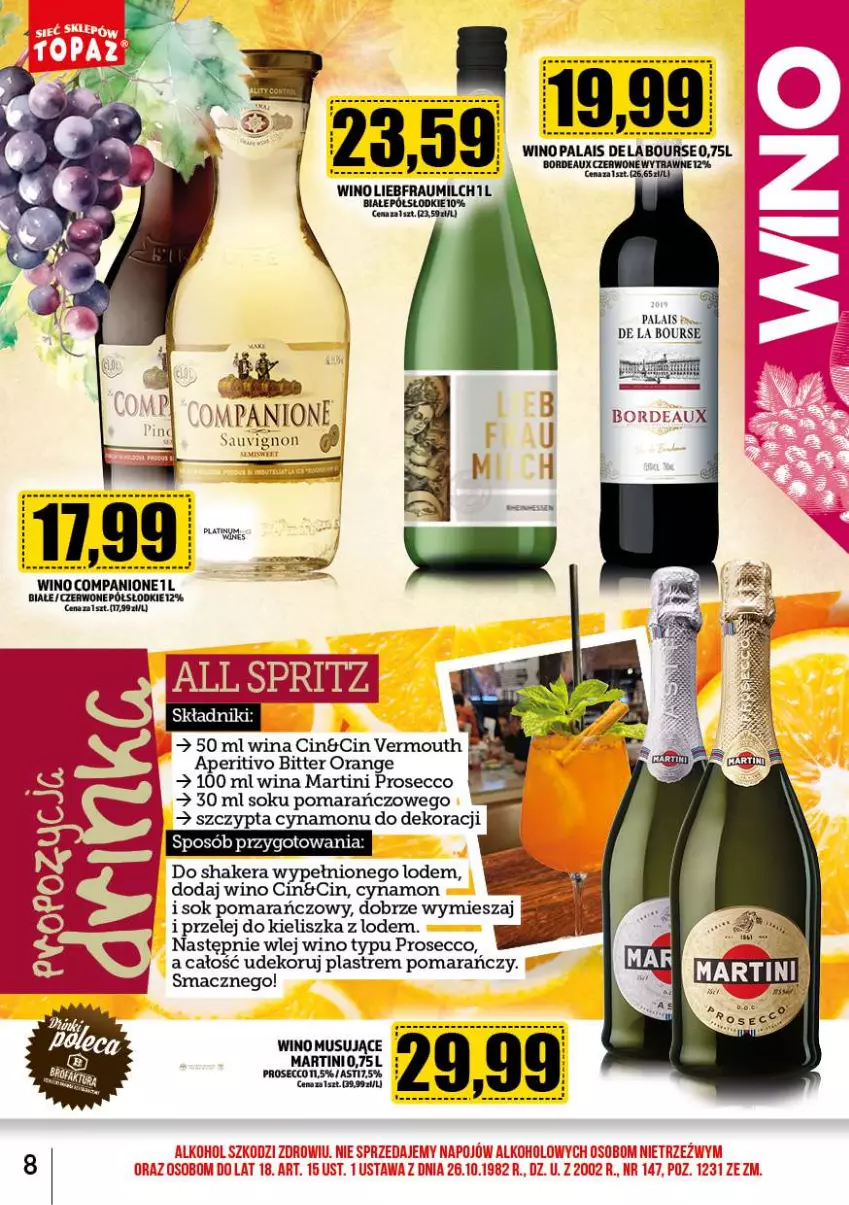 Gazetka promocyjna Topaz - Gazetka - ważna 01.10 do 31.10.2023 - strona 8 - produkty: AniOne, Bordeaux, Fa, Martini, Mus, Prosecco, Sok, Sok pomarańczowy, Vermouth, Wino, Wino musujące