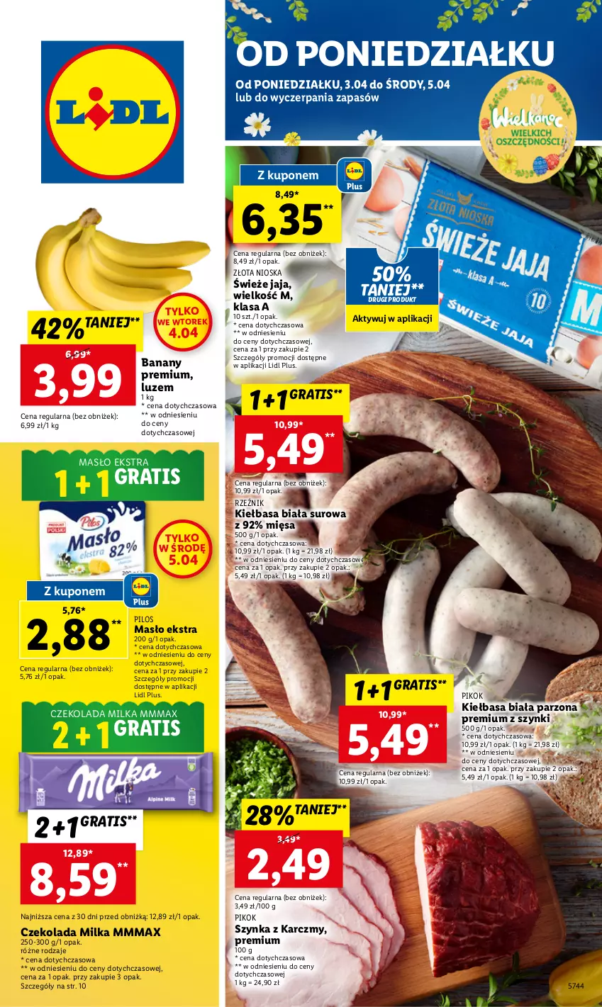 Gazetka promocyjna Lidl - GAZETKA - ważna 03.04 do 05.04.2023 - strona 1 - produkty: Banany, Czekolada, Gra, Jaja, Kiełbasa, Kiełbasa biała, Masło, Milka, PIKOK, Pilos, Szynka