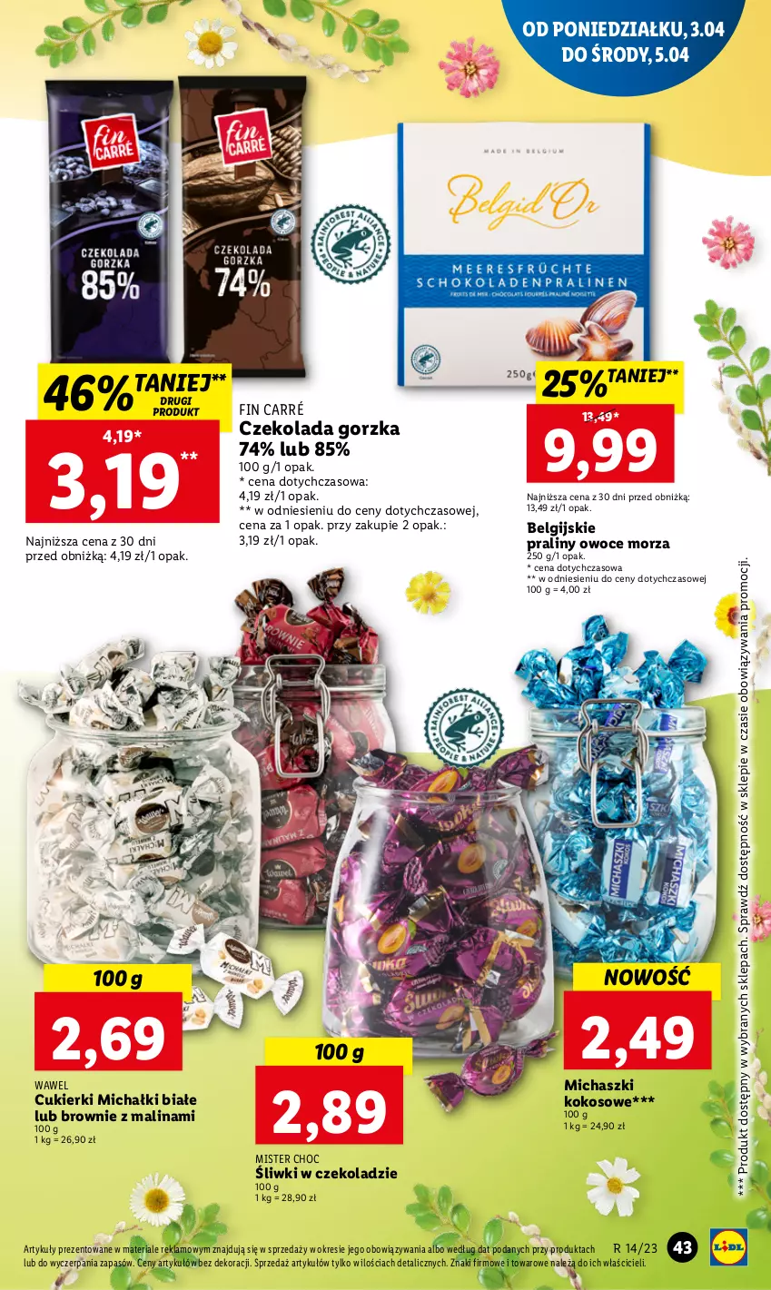 Gazetka promocyjna Lidl - GAZETKA - ważna 03.04 do 05.04.2023 - strona 49 - produkty: Brownie, Cukier, Cukierki, Czekolada, Czekolada gorzka, Kokos, LG, Michałki, Owoce, Owoce morza, Praliny, Wawel