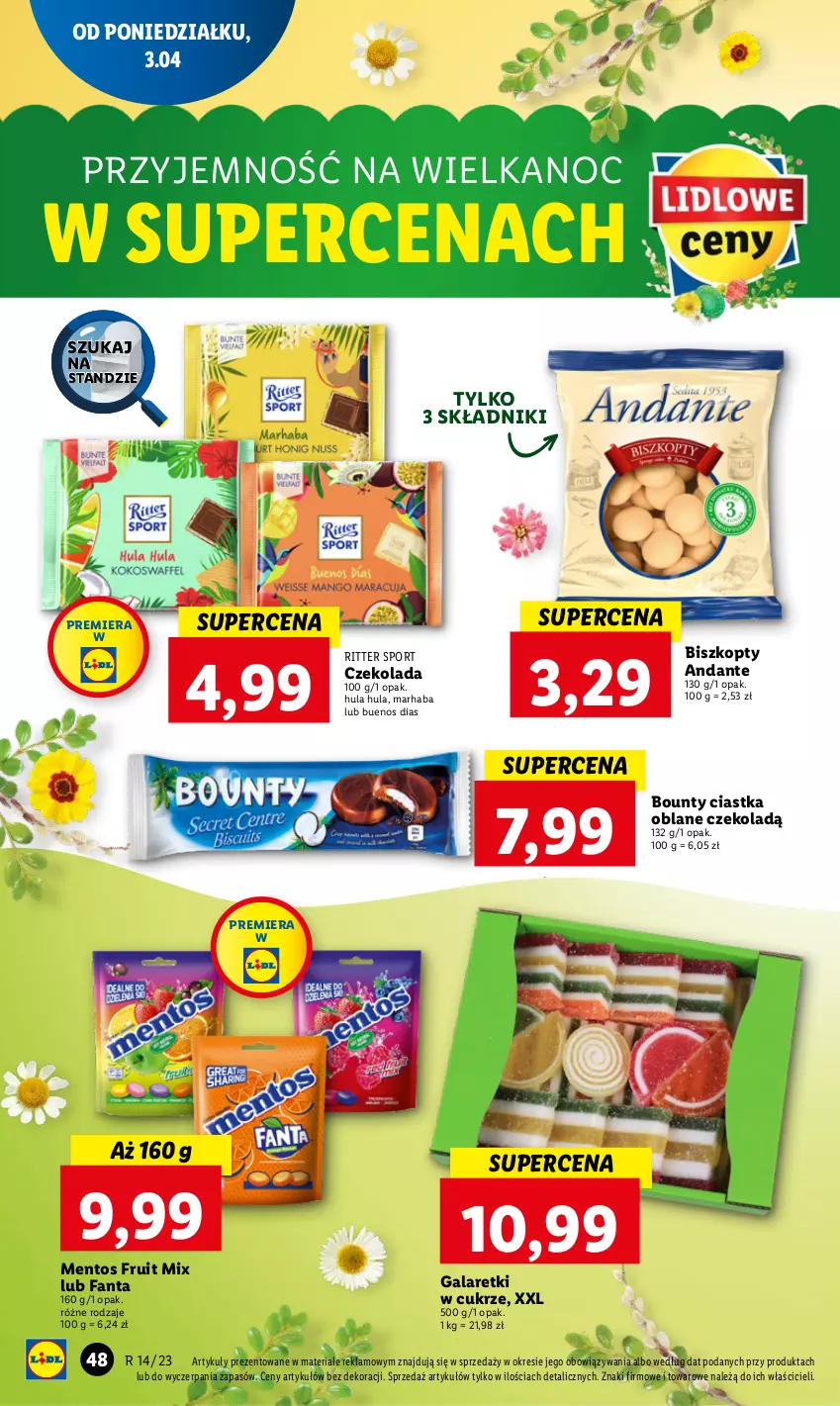 Gazetka promocyjna Lidl - GAZETKA - ważna 03.04 do 05.04.2023 - strona 54 - produkty: Biszkopty, Bounty, Ciastka, Czekolada, Fa, Fanta, Gala, Galaretki, Mentos, Por, Ritter Sport, Sport