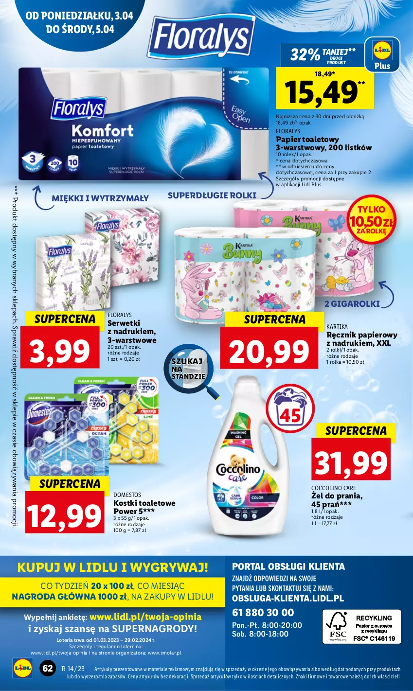 Gazetka promocyjna Lidl - GAZETKA - ważna 03.04 do 05.04.2023 - strona 68 - produkty: Coccolino, Domestos, Flora, Gry, Mola, Papier, Papier toaletowy, Ręcznik, Rolki, Ser, Serwetki