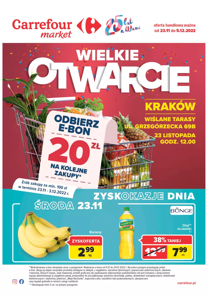 Gazetka promocyjna Carrefour - Gazwtka Wielkie otwarcie w Krakowie - ważna 23.11 do 05.12.2022 - strona 1 - produkty: Gra, Kujawski, Olej, Papier, Piec, Piwa, Rama, Telefon