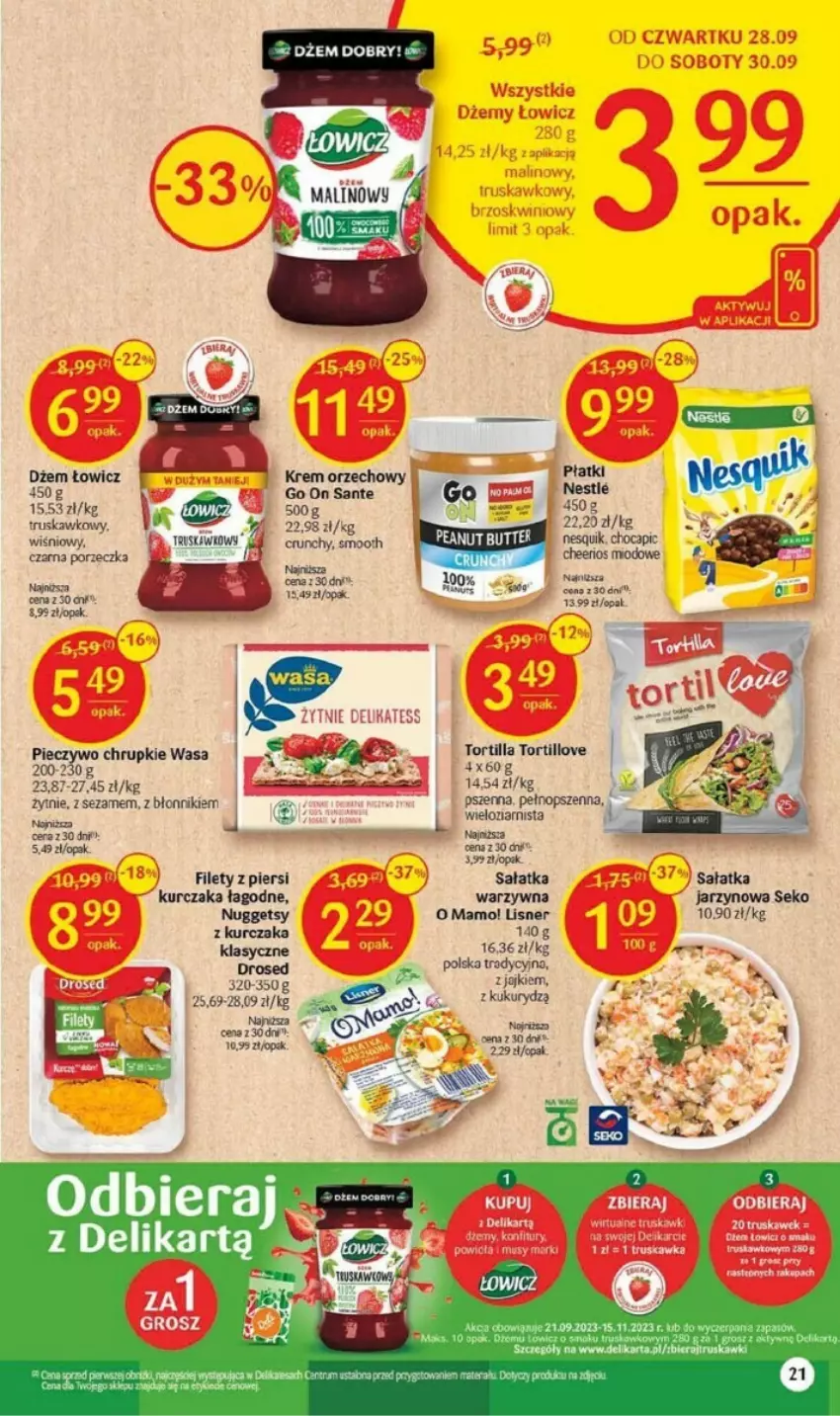 Gazetka promocyjna Delikatesy Centrum - ważna 28.09 do 08.10.2023 - strona 14 - produkty: Cheerios, Chrupki, Cif, Dżem, Fa, Kurczak, Lisner, Mop, Nesquik, Piec, Pieczywo, Pieczywo chrupkie, Por, Sałat, Sałatka, Sałatka warzywna, Sante, Ser, Sezam, Tortilla, Wagi, Wasa