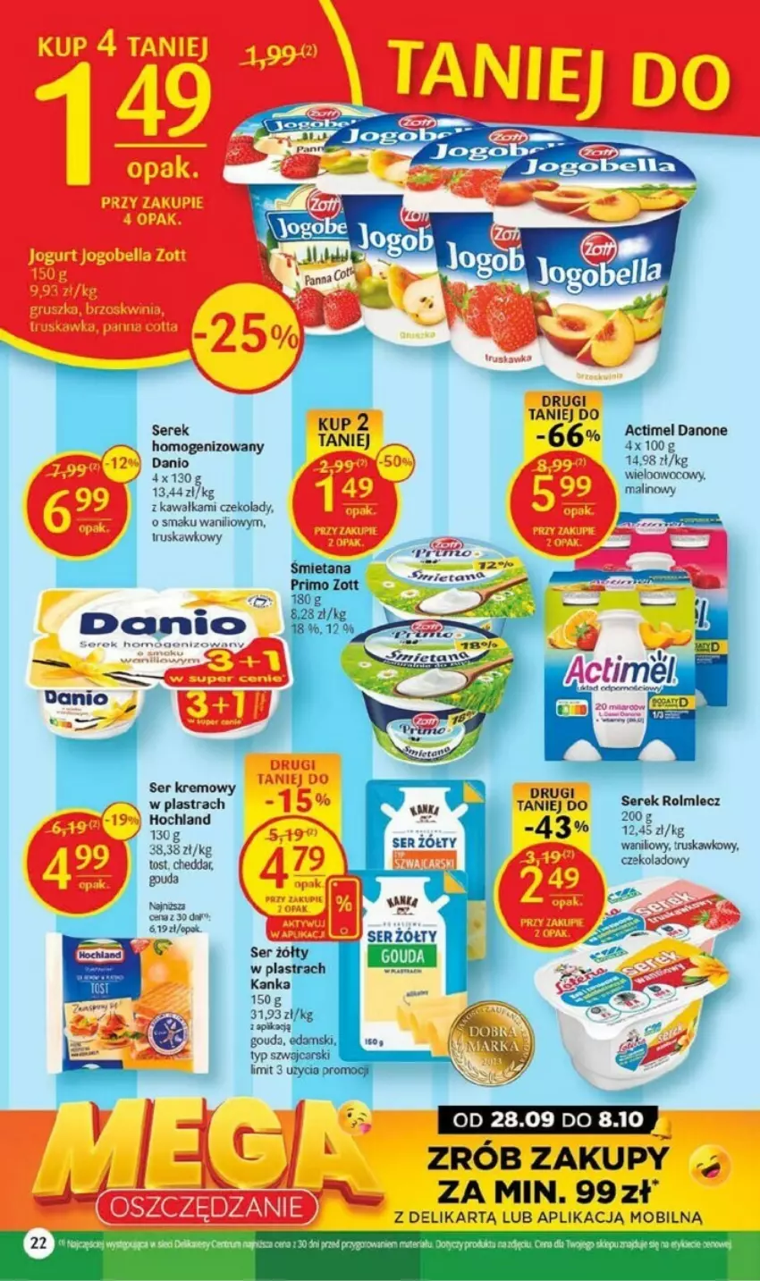 Gazetka promocyjna Delikatesy Centrum - ważna 28.09 do 08.10.2023 - strona 15 - produkty: Actimel, Cheddar, Danio, Danone, Fa, Hochland, Kawa, Mobil, Rolmlecz, Ser, Serek