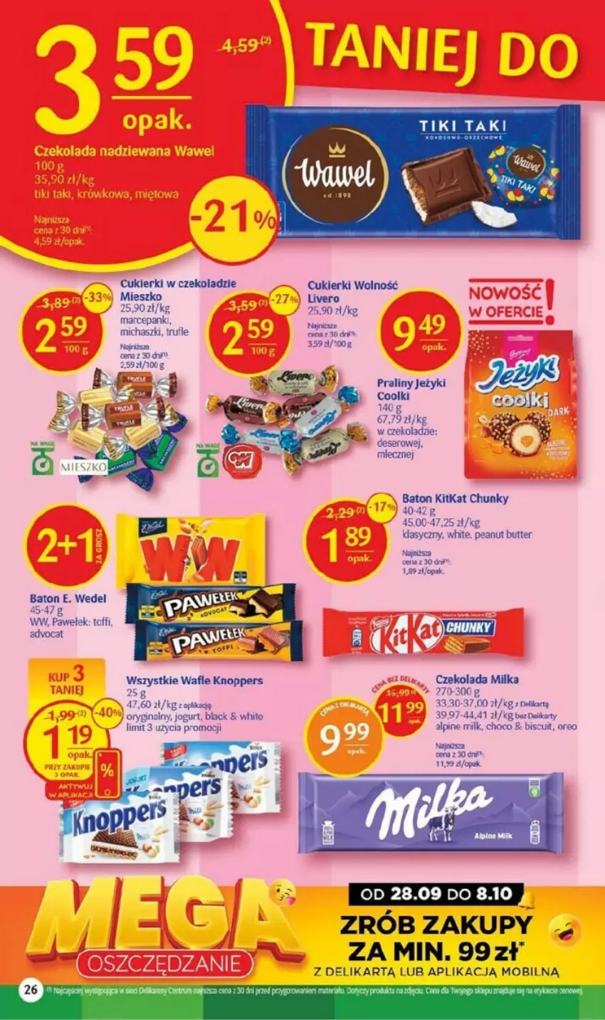 Gazetka promocyjna Delikatesy Centrum - ważna 28.09 do 08.10.2023 - strona 19 - produkty: Baton, Cukier, Cukierki, Czekolada, E. Wedel, Gin, Jeżyki, Jogurt, Knoppers, Lack, Milka, Mobil, Nike, Oreo, Praliny, Wafle